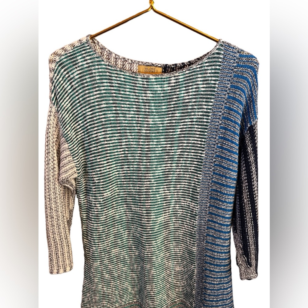 Valerie Stevens Blue Green Patterned Boat Neck 3/4 Sleeves Sweater,  Small (EUC)